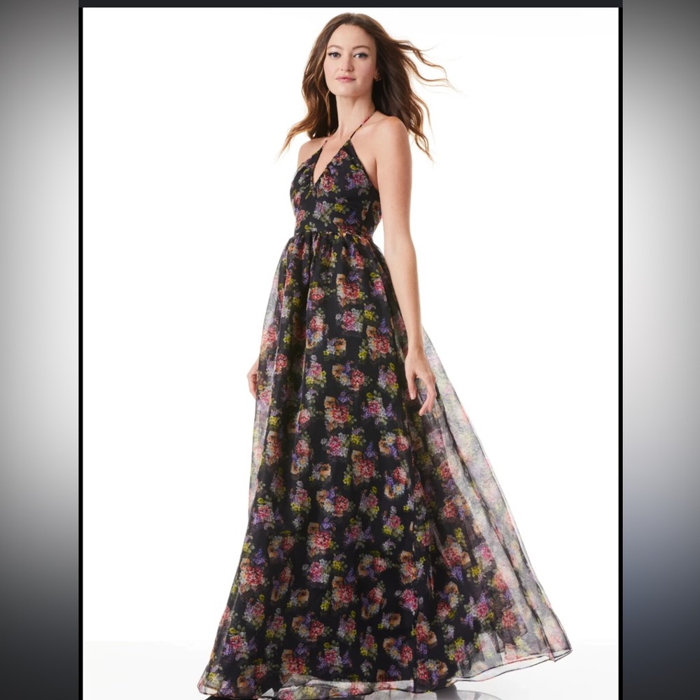 ALICE AND OLIVIA SAORI FLORAL BLACK HALTER PRINCESS 100% SILK GOWN DRESS SZ8 NEW
